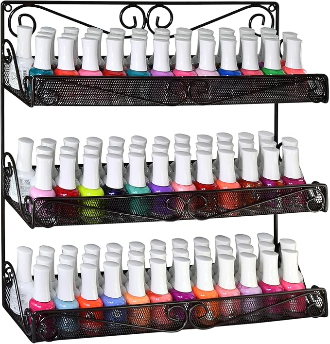 AMT 3 Tier Nail Rack, Pack Metal Wall Mount Organizer, Essential Oils Organizer, Pantry Cabinet Door Shelf Storage. Hanging Display for Spice Jars, Sauces, Cosmetic Beauty Bottles