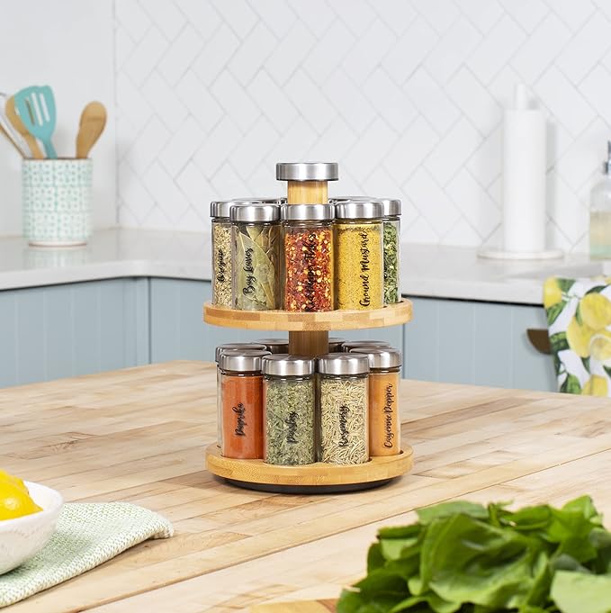 Orii 16 Jar Spice Rack with Spices Included & 5-Year Free Spice Refill Program - Rotating Countertop 2 Tier Tower Organizer for Kitchen Spices and Seasonings, (Bamboo Wood)