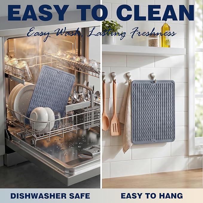 CAKETIME 2 Pack Silicone Dish Drying Mat for Kitchen Counter Under Sink Protector Organizers Cooking Baking Espresso Machine Accessories Appliance Stone Rack Trays Drain Extra Large 18"*16" Black