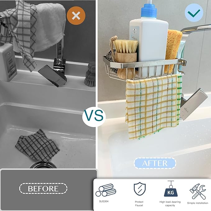 Shower Caddy, Bathroom Organizers and Storage, Kitchen Utensil Holder, Sink Accessories, Over the Sink Shelf, Kitchen Caddy Sponge Holder, Organizer for Square Faucet (SQUARE LEFT)