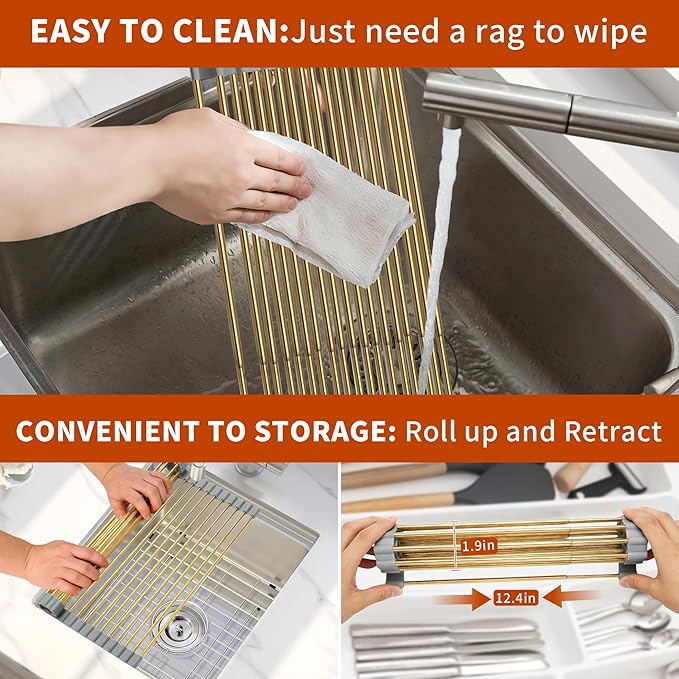 Golden Expandable Roll-UP Dish Drying Rack-Large 304 Stainless Steel Dish Drainer Over The Sink for Kitchen Countertop,Extendable & Rollable & Food Grade (Gold,22.08'x 13.2')