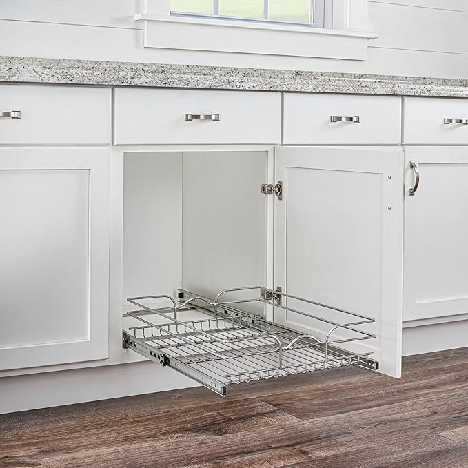 Rev-A-Shelf Steel Wire Pullout Drawer Organizer Shelf for Kitchen Cabinets, Slide Out Storage Basket, Min Opening Width of 20.5", 21" x 22", 5WB1-2122CR-1