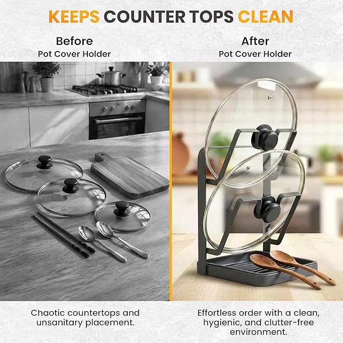 Pot Lid Holder with Removable Drip Tray, Multifunctional Double Layer Pot Lid Organizer for Countertop, Kitchen Pot Lid Storage Rack for Covers, Cutting Boards, Utensils (Grey)
