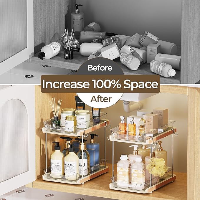 Delamu 2 Tier Under Sink Organizer Bathroom, Bathroom Cabinet Organizer with Snap-Lock Design and Hooks, Pull Out Storage with Movable Dividers, for Countertop, Kitchen and Pantry (White, 2 Pack)