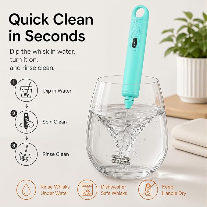 Rechargeable Milk Frother Handheld 3 Speed Coffee Foamer [3 Whisk] Electric Drink Mixer for Latte, Cappuccino, Coffee, Eggs, Hot Chocolate, Mint