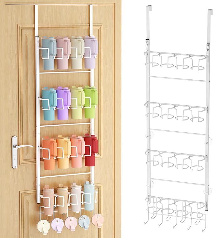 SWTYMIKI 4-Tier Water Bottle Organizer - Over the Door Stanley Cup Holder - Cup Rack with Hooks for Door or Wall Mount Option- Tumbler Organizer Storage Display for Kitchen Dorm Office RV, White