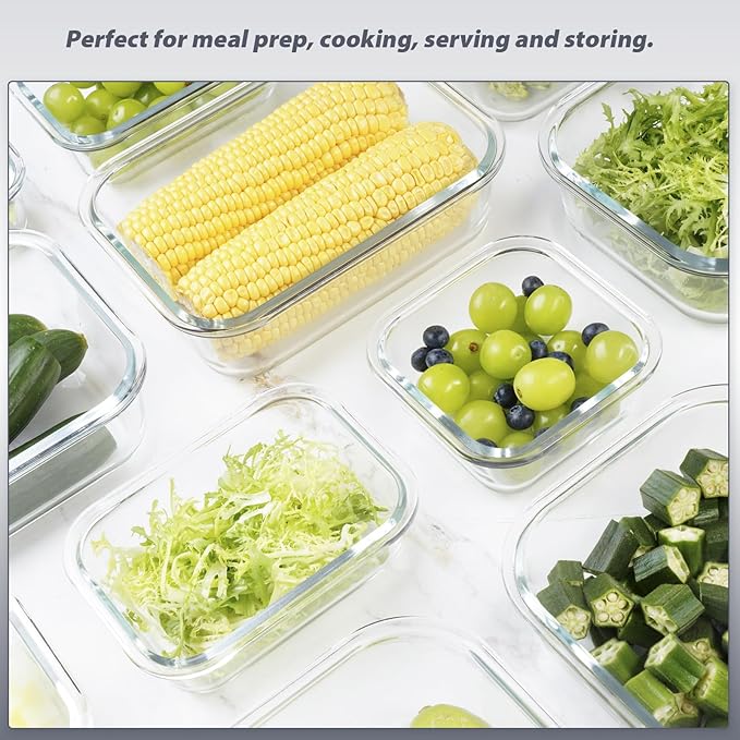 AILTEC 12 Pack Glass Food Storage Containers with Lids, Glass Meal Prep Containers Set with Leak Proof Lids, Airtight Lunch Container for Kitchen, Microwave, Oven, Freezer, Dishwasher Safe, Bpa free