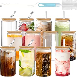 12 Pcs Glass Cups with Lids and Straws,16 oz Glass Tumbler Set Iced Coffee Glasses with Bamboo Lids and Glass Straws,Drinking Glasses Glass Coffee Cups for Soda,Juice,Coffee Bar,Gifts