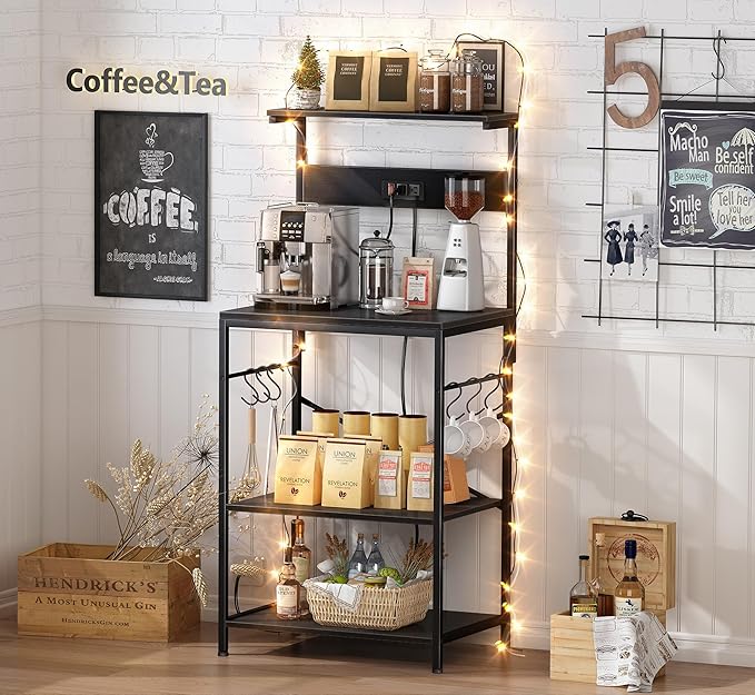 SUPERJARE Kitchen Bakers Rack with Power Outlet, Coffee Bar Table 4 Tiers, Kitchen Microwave Stand with 6 S-shaped Hooks, Storage Shelf Rack for Spices, Pots and Pans - Black
