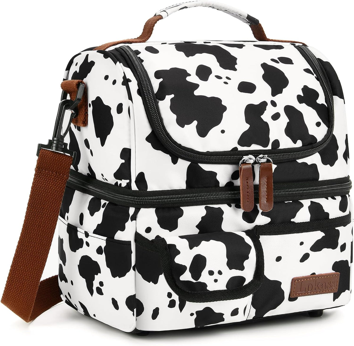 Lunch Box for Women-Double Deck Insulated Adults Lunch Bag with Removable Shoulder Strap-Cow Print Cute Wide Open Lunch Tote for Work/Office/Picnic/Beach/Travel
