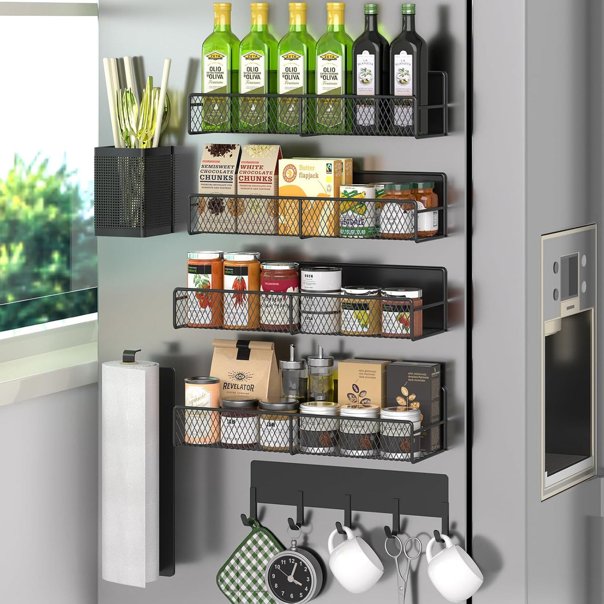 Magnetic Spice Rack for Refrigerator, 7 Pack Metal Shelf Black, Moveable Organizer with Hook Rack, Paper Towel Holder, Kitchenware Strong Storage Fridge