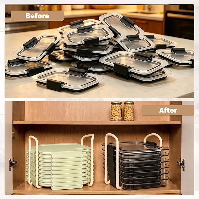 Adjustable Lids Organizer for Rubbermaid Brilliance Lids, Lid Organizers Inside Cabinet for Pyrex Snapware, Lids Holders Suitable for Storing Lids of Various Sizes（5.51in-8.27in）