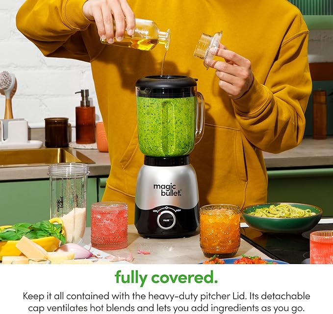 magic bullet Combo Blender, 600W, 48oz Pitcher, 16oz Cup with To-Go Lid, Easy Cleaning, Cross Blade, for Smoothies, Sauces, Shakes, Salsa, Hot Blends, Silver, MBF50200