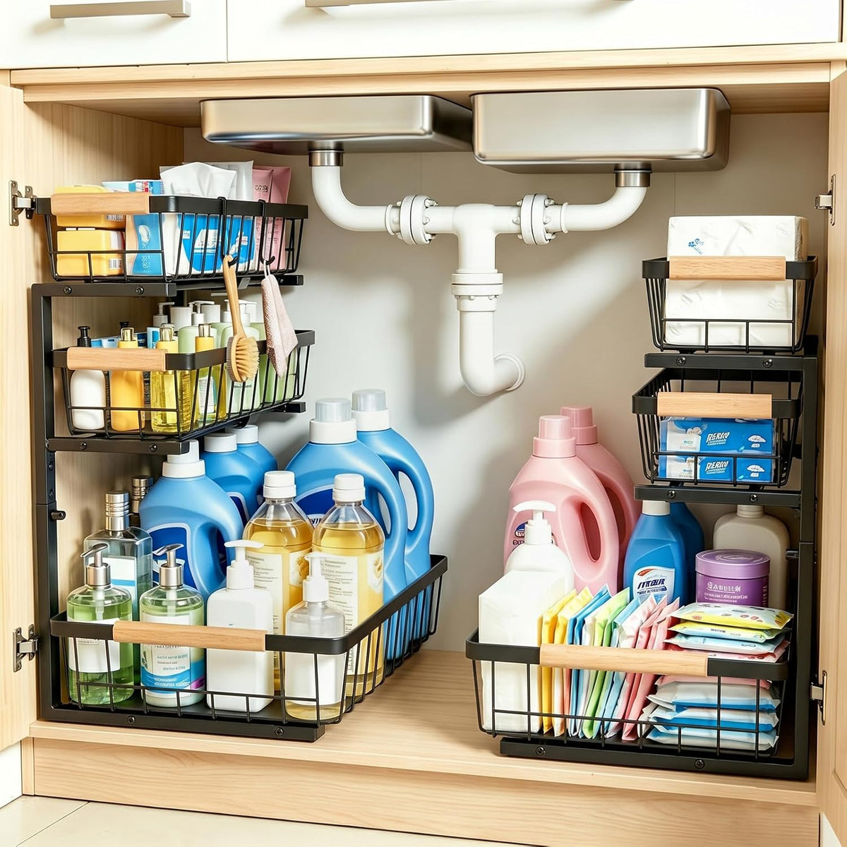 3 Tier Grid Pull Out Organizer Black 2 Pack Sliding Rack