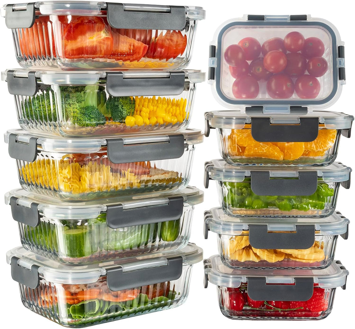 10 Pack Glass Meal Prep Containers, Food Storage Container Set - Grey