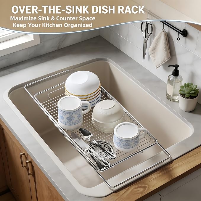 Expandable Over The Sink Dish Drainer Drying Rack, Stainless Steel Metal, Small Adjustable Dish Drainer Drying Rack for Kitchen Counter, Space Saving for Compact Kitchen