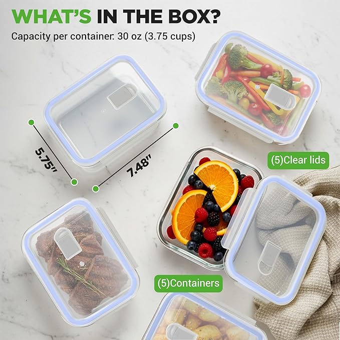 NutriChef 10-Piece Glass Food Containers - Stackable Superior Glass Meal-prep Storage Containers, Newly Innovated Leakproof Locking Lids w/Air Hole, Freezer-to-Oven-Safe (Blue)