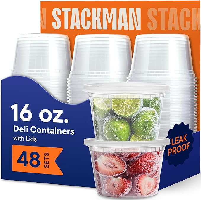 Stack Man 16 oz Deli Containers with Lids (48 Sets) – Pint Clear Plastic Food Storage Containers, Airtight Leak-Resistant Seal, BPA-Free, Microwave & Freezer Safe, Meal Prep Soup Takeout To-Go