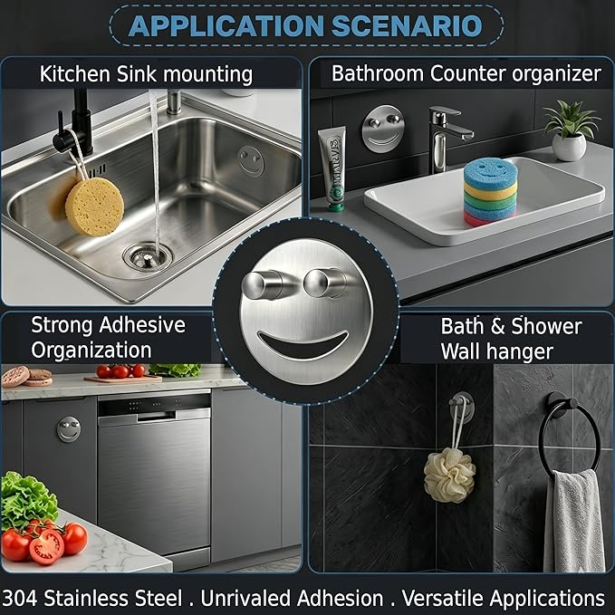 Smiley Face Sponge Holder for Kitchen Sink, 304 Stainless Steel Sink Caddy Organizer with Strong Suction Cup, Rustproof Round Sponge Rack for RV and Apartment, Silver