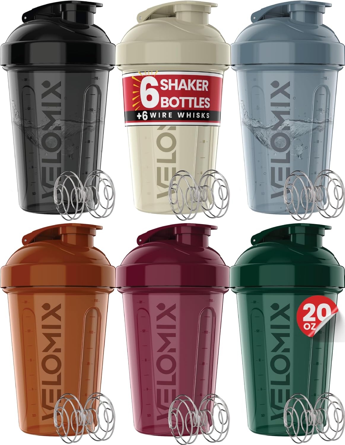 6 Pack 20oz Protein Shaker Bottle for Protein Mixes, Mood Tones