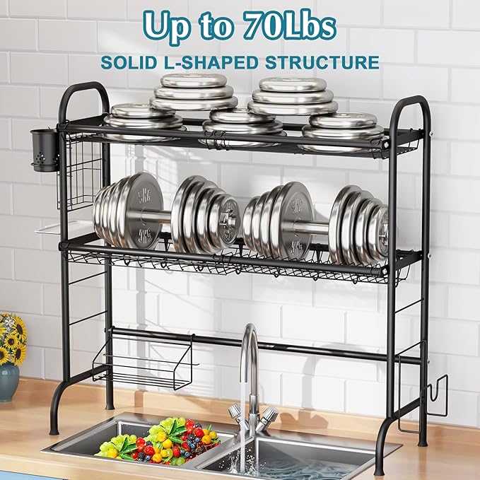 HOWDIA 3-Tier Over The Sink Dish Drying Rack,Stainless Steel Dish Rack with Cutlery Holder & Chopping Board Rack, 33.9” x 11.4” x 32.3” for Maximum Kitchen Storage（Black）