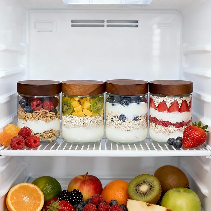 Danmu 16 oz Overnight Oats Containers with Lids,Salad Jar,Glass Jar with Wooden Lid 6 Pack,Mason Jars 16 oz with Lids for Snack,Overnight Oats,Meal Prep,Yogurt,Parfait,Soup,Salad 100% Leak-proof