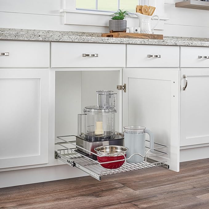 Rev-A-Shelf Steel Wire Pullout Drawer Organizer Shelf for Kitchen Cabinets, Slide Out Storage Basket, Min Opening Width of 20.5", 21" x 22", 5WB1-2122CR-1