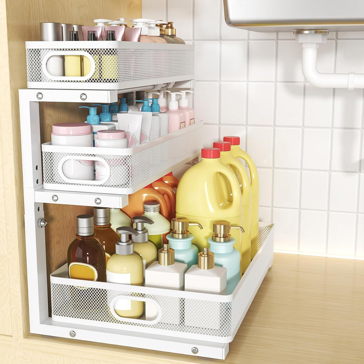 3-Tier Under Sink Organizer, Slide Out Drawer Rack, White, 1 Pack