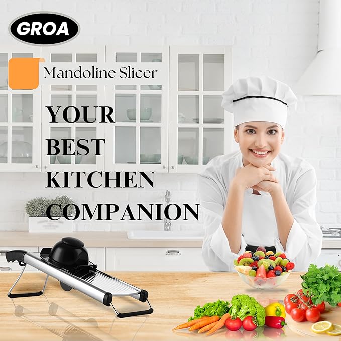 Groa Adjustable Mandoline Slicer for Kitchen– French Fry Cutter, Potato Slicer Vegetable Slicer Tomato Slicer in Kitchen Essentials with Resistant Gloves- Stainless Steel Mandolin vegetable cutter