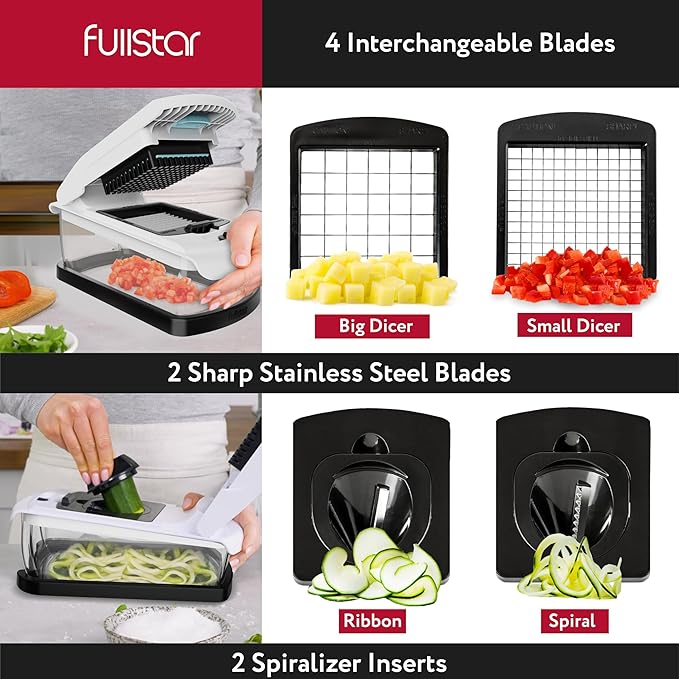 Fullstar Vegetable Chopper & Mandoline Slicer for Kitchen - Food Chopper with Container, Cheese Grater, Home Essentials & Kitchen Gadgets (9 in 1, White/Black)