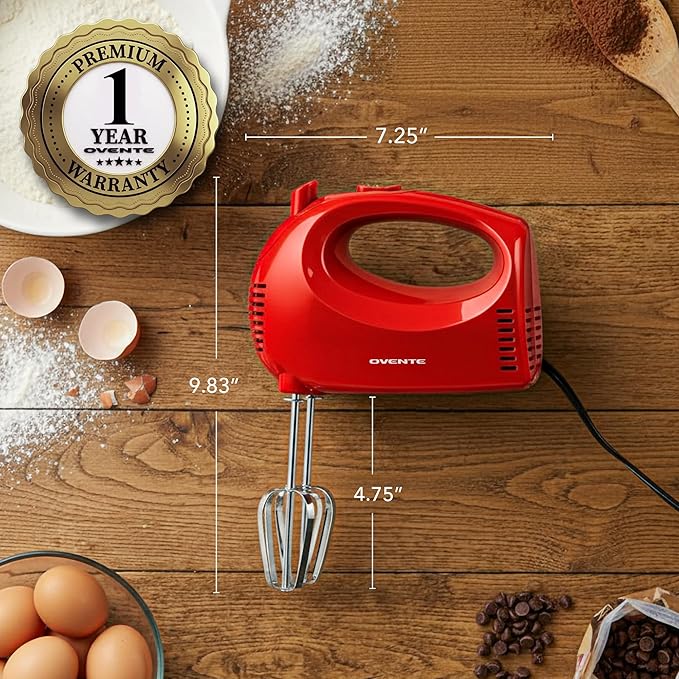 OVENTE 5-Speed Corded Electric Hand Mixer with Stainless Steel Whisks, Compact Portable Design with Snap-On Storage Case,150W Lightweight Handheld Mixer for Baking & Cooking, Red HM151R