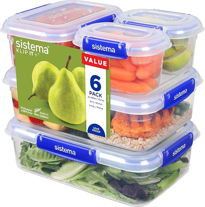Sistema KLIP IT+ 6-Pack Rectangle Food Storage Containers, Stackable & Airtight Food Boxes with Lids, Dishwasher, Freezer, & Microwave-Safe, BPA-Free, 2.2L / 1L / 400mL