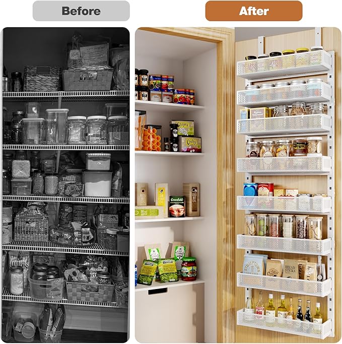 Pantry Door Organizers and Storage,8-Tier Large Wide Metal Heavy-Duty Frame Over the Door Spice Rack, 2 in 1 Wall-Mounted or Hanging shelf for Kitchen, Bathroom, Laundry Room, Bedroom, Closet &Nursery