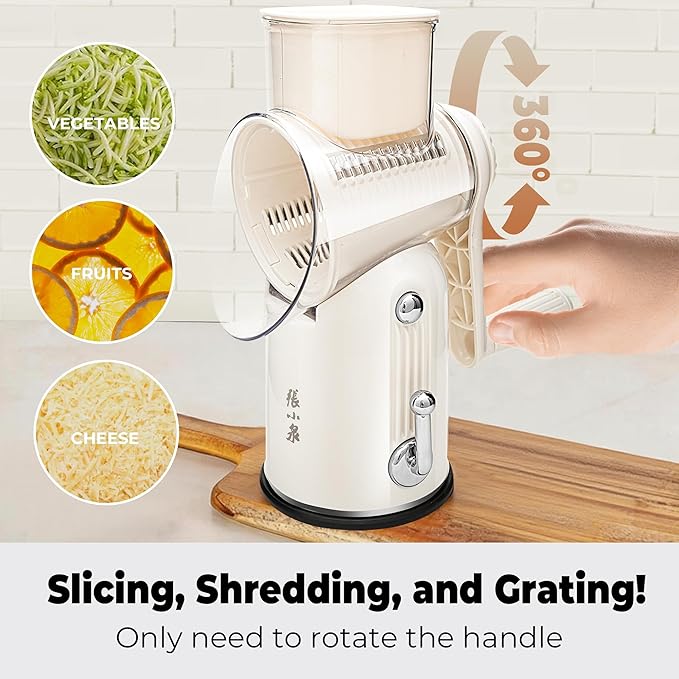 ZHANG XIAO QUAN SINCE 1628 Rotary Cheese Grater, Cheese Shredder with Stable Suction Base, Labor-Saving Vegetable Slicer for Kitchen, Mandoline Slicer & Food Chopper & Kitchen Prep Tool, 5-in-1, Beige