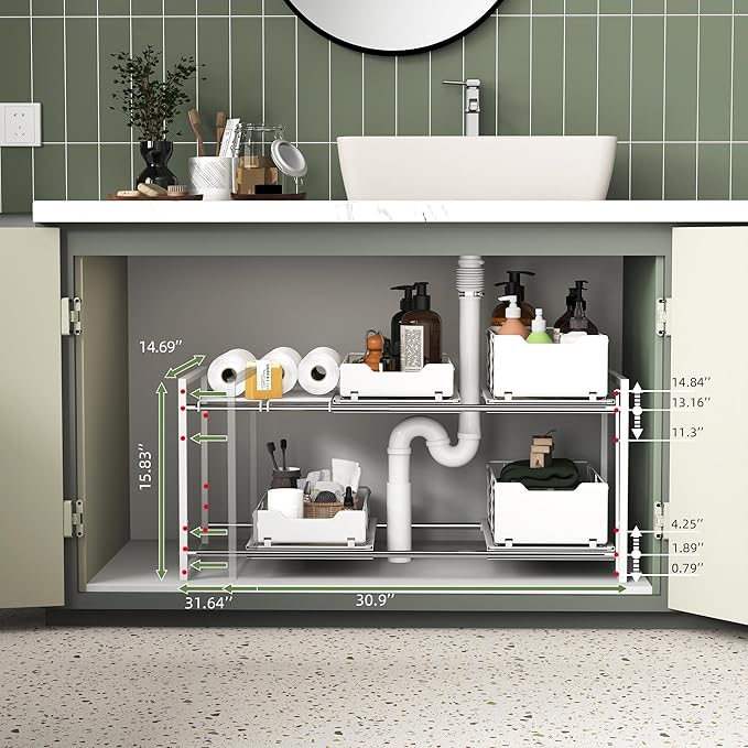 NETEL NETELAdjustable Under Sink Organizers and Storage, 2 Tier Expandable Pull Out Under Sink Organizers and Storage, 4 Pull-Out Metal Baskets, (21.5-31.64)" W X 14.69" D X 15.83" H