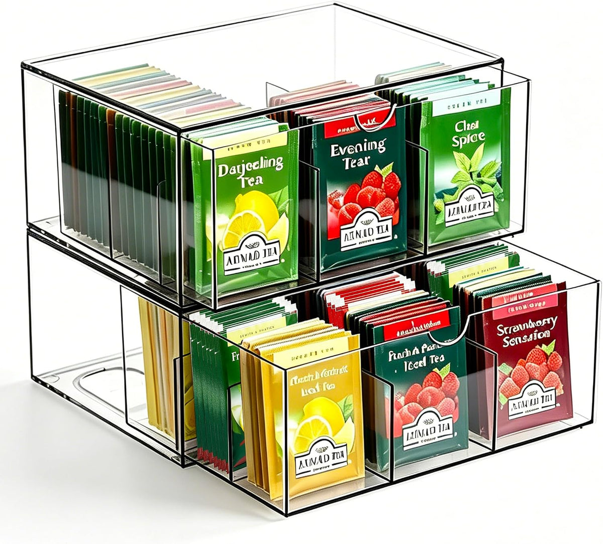 2 Pack Tea Bag Organizer, Tea Bag & Coffee Pod Drawer Storage with 9 Grid, Acrylic Stackable Holder Organizer for Cabinet Countertop | Drawer Container Storage Bins for Kitchen (9+9 Grid)