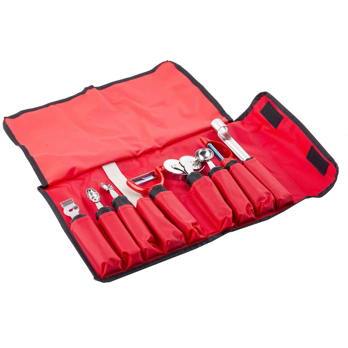 E5600-9 Garnishing Kit, 9-Piece Set with Ergonomic Handles, Red Nylon Case, Includes Zester, Peeler, Knife, Corer, Baller and More, Red