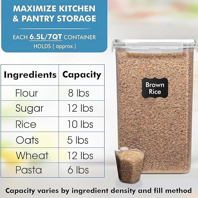 WHITE FEATHER SUPPLIES 2 PC [7 Qt / 6.5L / 220 Oz] Large Food Storage Containers with Lids Airtight - BPA Free Clear Plastic Kitchen and Pantry Storage Containers for Cereal, Flour, Sugar, Rice