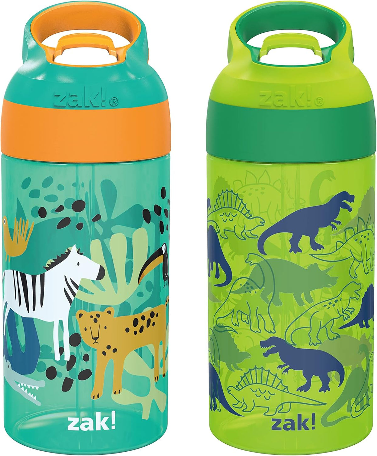 16oz Riverside Kids Water Bottle with Spout Cover and Built-in Carrying Loop, Made of Durable Plastic, Leak-Proof Water Bottle Design for Travel (Dino Camo & Safari, Pack of 2)