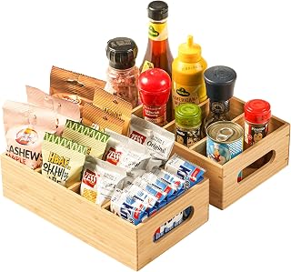 Bamboo Pantry Organizers and Storage Bins with Removable Dividers, Kitchen Drawer Cabinet Countertop Organization for Snack, Spice Packets, Teabags, Seasoning Pouches (2 Pack)