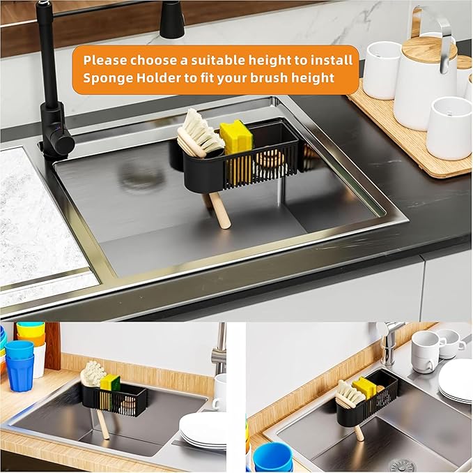 SuoXing Inside Sink Sponge Holder,Black Rustproof Sink Caddy and Scrub Holder for Kitchen Sink with Suction Cup,Adhesive,Plastic Dish Sink Organizer for Scrub Brush,Scrubber,Dish Sponge,Spinge Holder