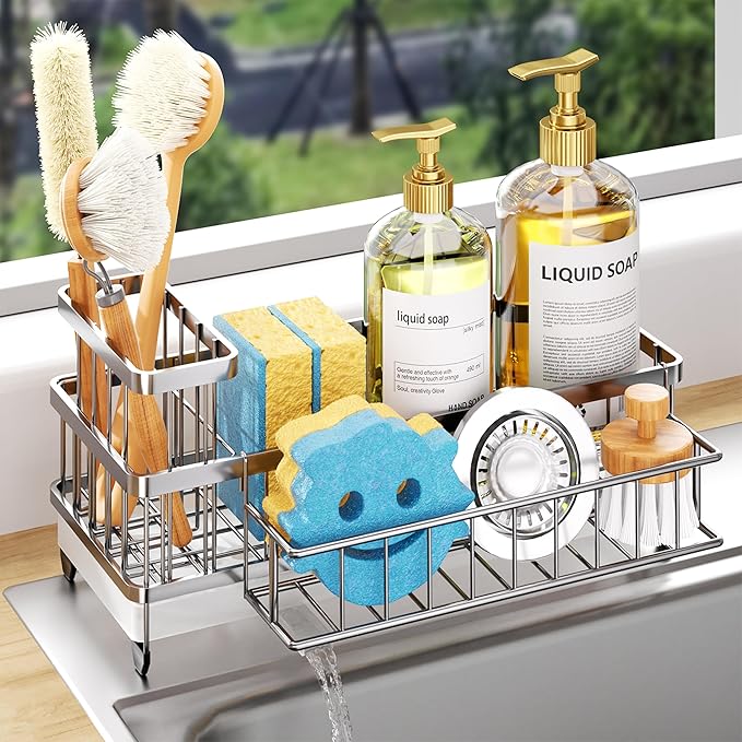 Consumest Sponge Holder for Kitchen Sink - Auto Draining Sink Caddy Organizer with Detachable Rack, High Brush Holder, Kitchen Countertop Storage Accessories, Silver-Large