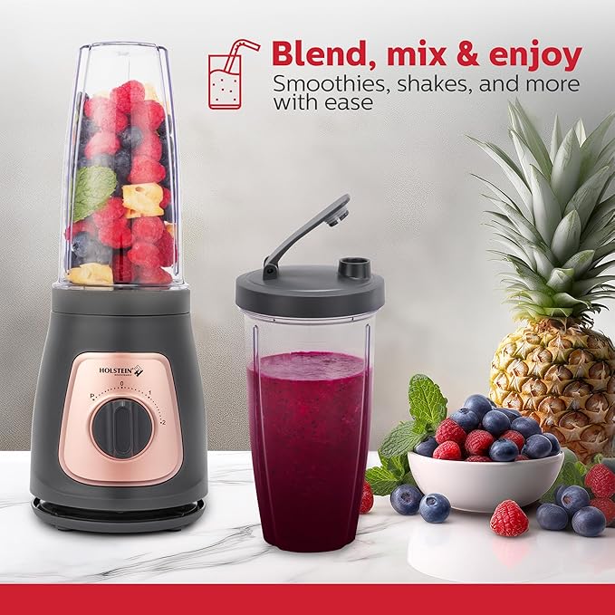 Holstein Housewares Personal Blender – 25 oz Travel Jar, Two-Speed Knob with Pulse Function, Stainless Steel Blades, Compact & Portable, Cool Grey/Rose Gold