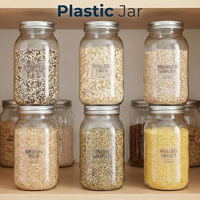 novelinks 32 oz Mason Jars with Plastic Lids, 16 Pack Large Plastic Salad Jars with Lids 32oz, Reusable Spice Containers & Kitchen Jars for Pantry Organization (16 Pack,Silver)