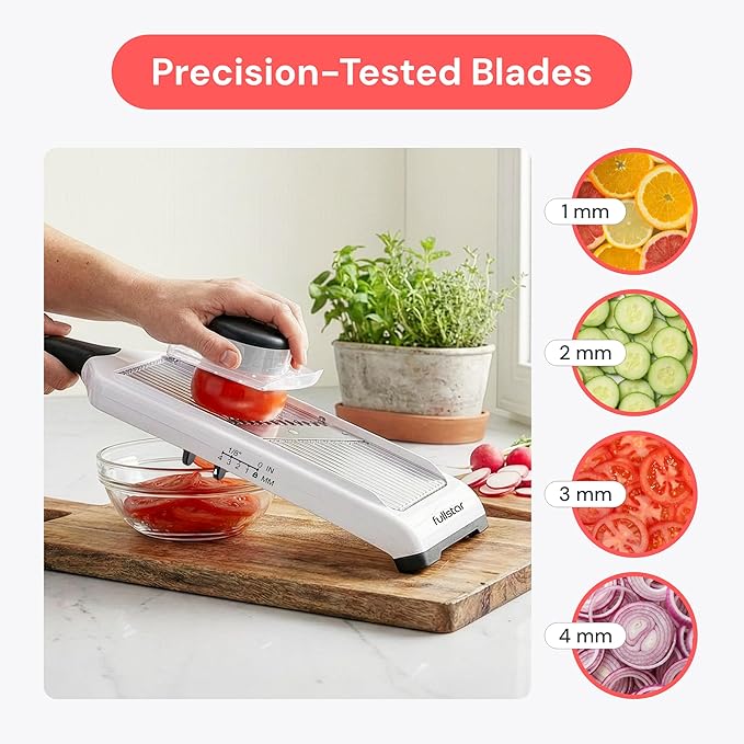 Fullstar 2-in-1 Handheld Mandoline Slicer for Kitchen - 4 Thickness Settings Vegetable Food Onion Slicer, Julienne Blade, Stainless Steel Guard, Easy to Use, Sharp Blades, Veggie Slicer & Fruit Cutter