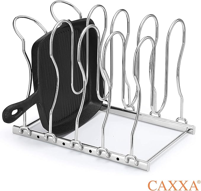 CAXXA Heavy Duty Pan Rack, Pot Lid Rack, Kitchen Cabinet Pantry Cookware Organizer Rack Holder with 5 Adjustable Dividers, Chrome (Pack of 2)