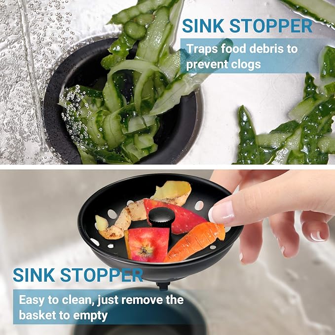 KONE Black Sink Basket Strainer Drain Stopper, 2 Pack Stainless Steel Matte Black Kitchen Sink Strainer Fit for Universal 3-1/2 inch Kitchen Sink, Metal Center Knob with Anti-Clog Rubber Sink Stopper