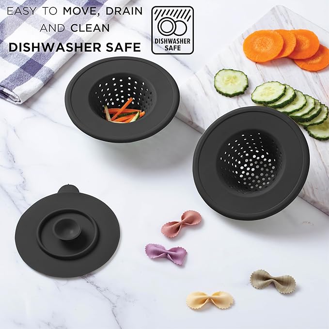 COOK WITH COLOR Kitchen Sink Strainer, Silicone, Flexible Sink Strainer, Sink Drain Strainer, 3 Pc Black