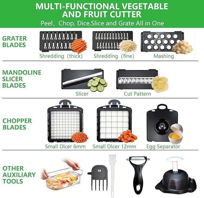 12-in-1 Mandoline Slicer & Vegetable Chopper Pro with Container, Onion Chopper, Potato Cutter, Food Dicer & Grater - Carrot, Garlic, Home Essentials & Gifts (white)