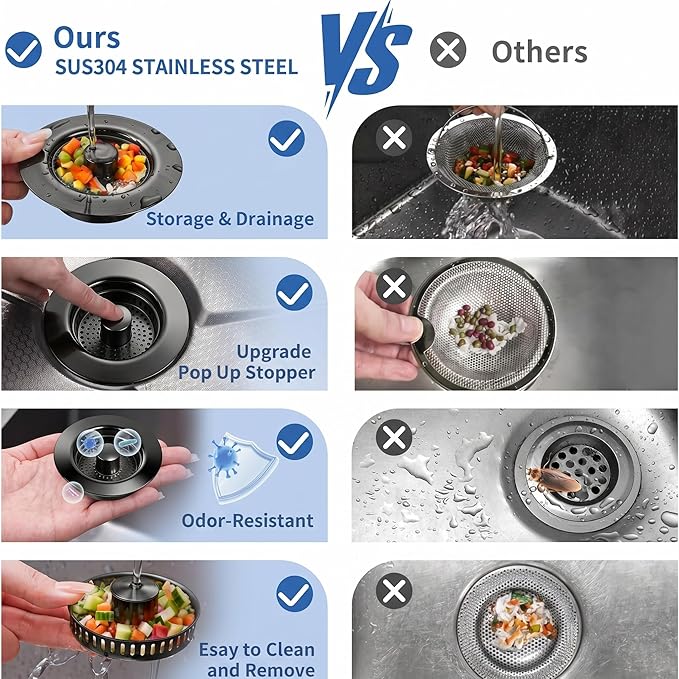 3-in-1 Kitchen Sink Drain Strainer & All-Purpose Sponges, 304 Stainless Steel Sink Stopper Pop-Up Drain Plug with Anti-Clogging Food Catcher Basket, Odor Blocker, Fits US Standard 3-1/2 Inch Sinks